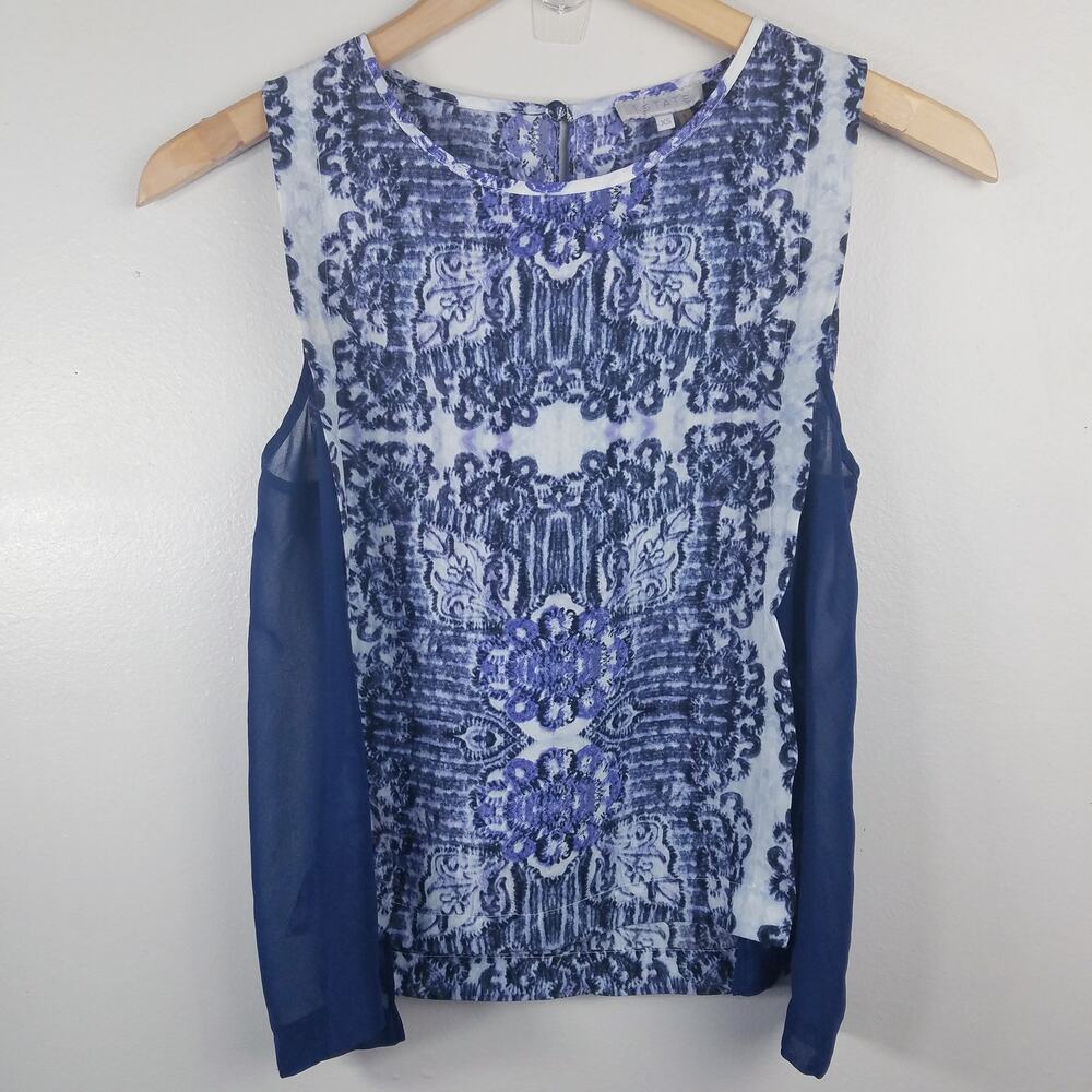 1. State Womens Blue Sheer Sleeveless Print Top Size XS